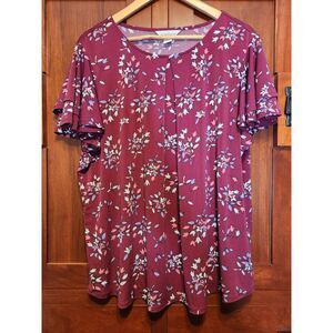 Liz Claiborne Women's Burgundy Floral Blouse Short Sleeves Size 1X